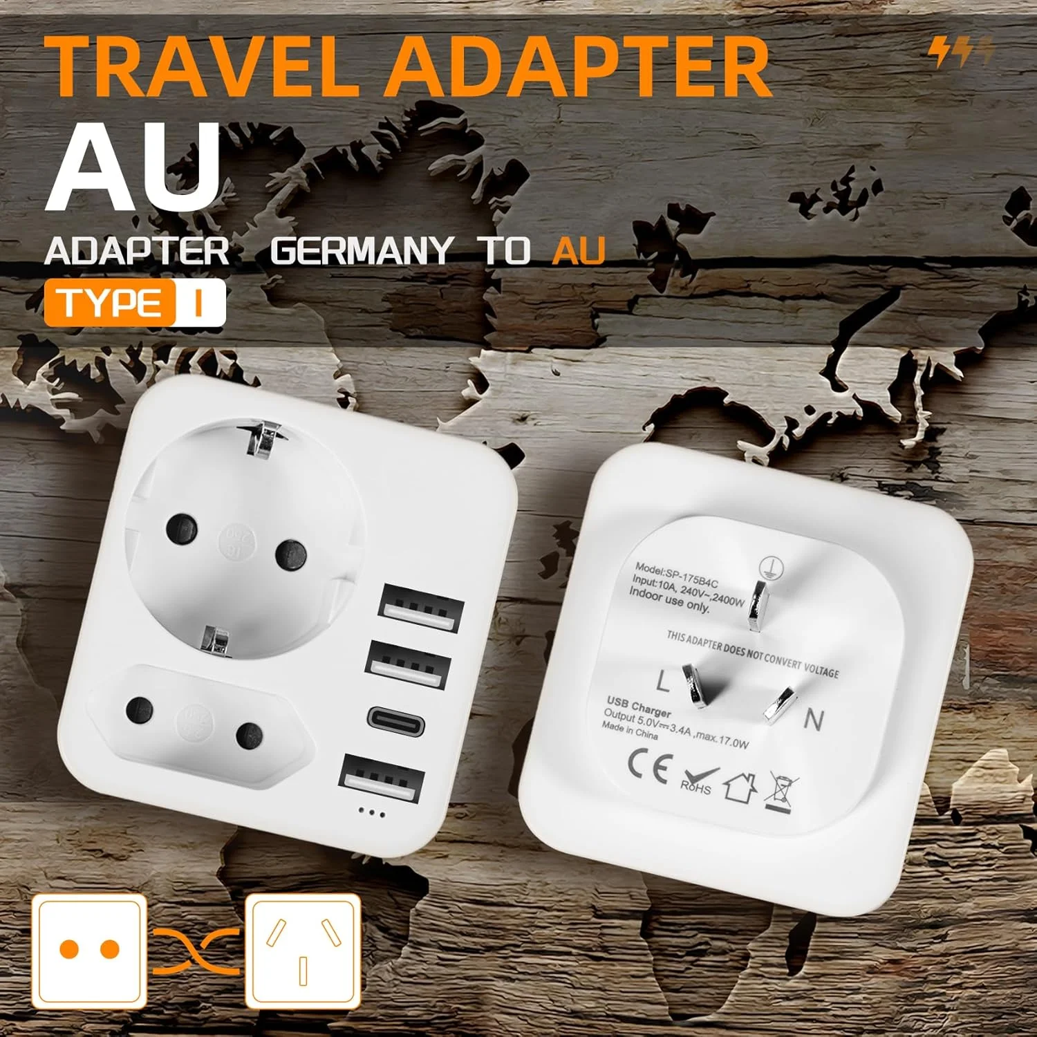 آداپتور دوشاخه استرالیا، آداپتور فرانسه به استرالیا با 3 پورت USB-A و 1 پورت USB-C، آداپتور مسافرتی برای نیوزلند، آرژانتین، چین، فیجی، تیمور شرقی، آداپتور نوع I