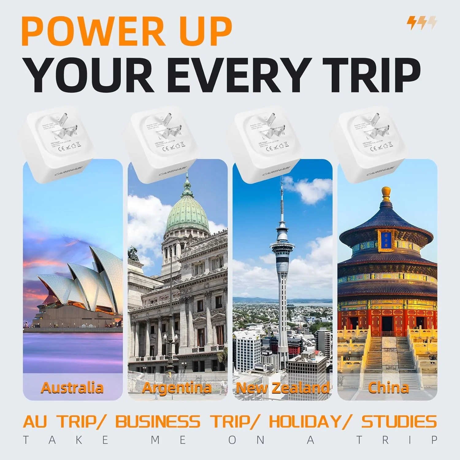 آداپتور دوشاخه استرالیا، آداپتور فرانسه به استرالیا با 3 پورت USB-A و 1 پورت USB-C، آداپتور مسافرتی برای نیوزلند، آرژانتین، چین، فیجی، تیمور شرقی، آداپتور نوع I