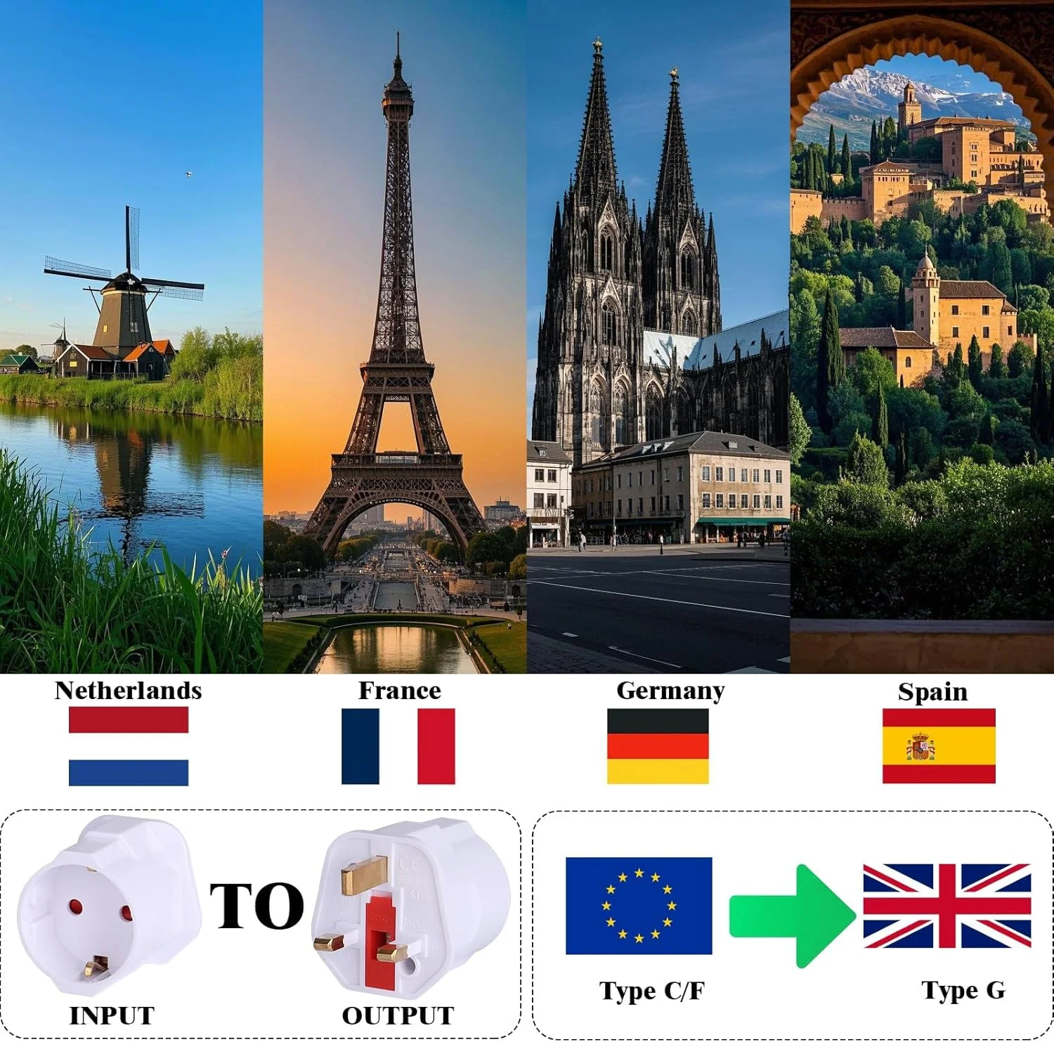 آداپتور دوشاخه اروپایی به دوشاخه بریتانیایی Azonee، بسته 2 عددی، آداپتور دوشاخه 2 پین به 3 پین، تبدیل کننده نوع C/E/F اروپا به نوع G (سفید)