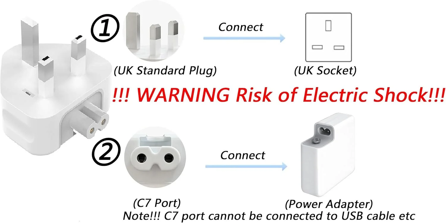 آداپتور برق 3 شاخه مک Azonee، دوشاخه استاندارد بریتانیا، آداپتور شارژر سر اردکی مسافرتی بریتانیا، تبدیل کننده نوع G سازگار با MacBook Air/Mac iBook/iPhone/iPod (سفید)