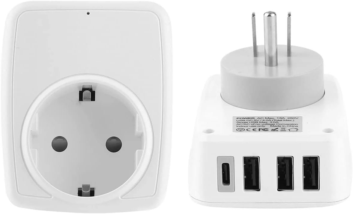 آداپتور برق مسافرتی آمریکایی 5 در 1 با 3 پورت USB A، 1 پورت USB C و 1 سوکت اروپایی برای مسافرت، خانه، دفتر کار و کامپیوتر (آمریکا به آلمان)