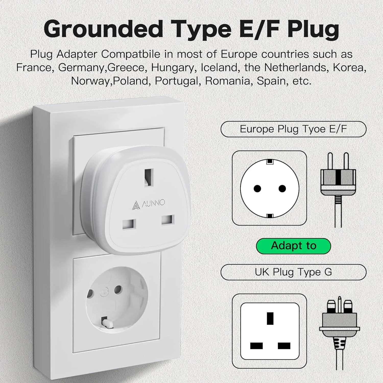 تبدیل دوشاخه بریتانیایی به اروپایی AUNNO، تبدیل 3 پین بریتانیایی به 2 پین اروپایی، سازگار با انواع دوشاخه های اروپایی C، E، F و G، مناسب برای آلمان، فرانسه، اسپانیا، یونان، لهستان و غیره (بسته 2 عددی)