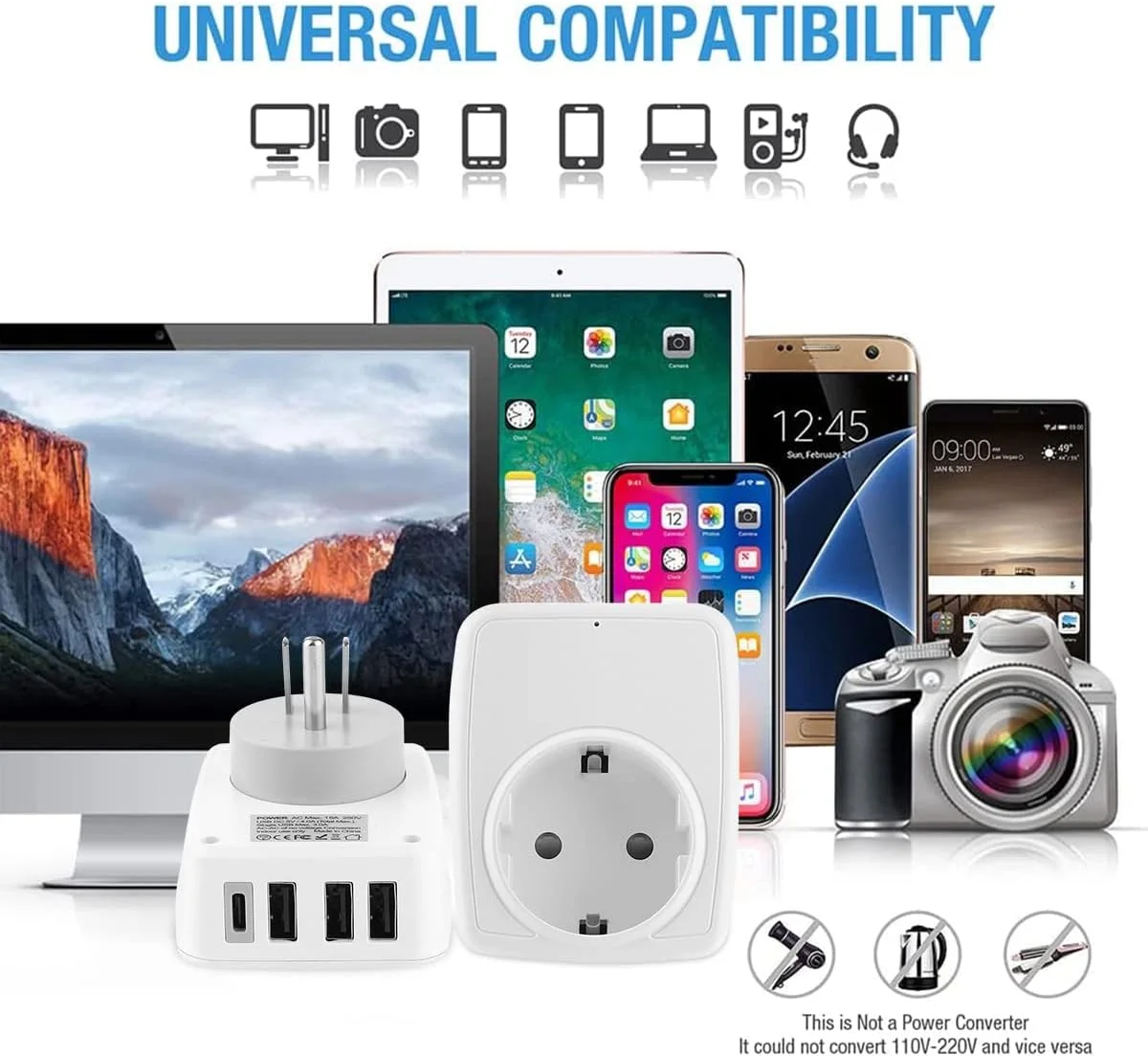 آداپتور برق مسافرتی آمریکایی 5 در 1 با 3 پورت USB A، 1 پورت USB C و 1 سوکت اروپایی برای مسافرت، خانه، دفتر کار و کامپیوتر (آمریکا به آلمان)