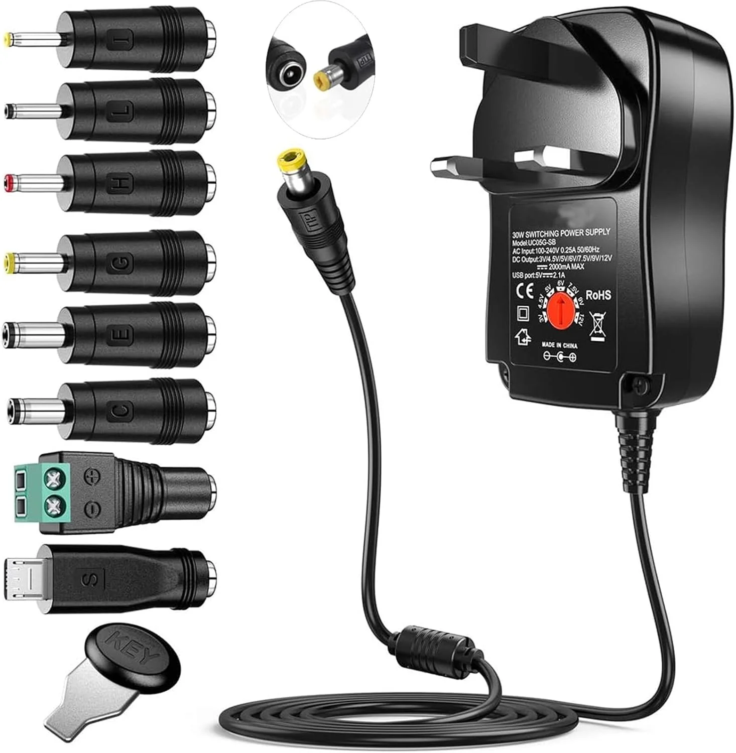 آداپتور برق متناوب/مستقیم 30 واتی یونیورسال، آداپتور برق متناوب یونیورسال با 8 پلاگین آداپتور اختیاری، مناسب برای محصولات الکترونیکی خانگی 3 ولت، 4.5 ولت، 5 ولت، 6 ولت، 7.5 ولت، 9 ولت، 12 ولت و نوارهای LED آداپتور برق متناوب/مستقیم 30 واتی یونیورسال، آداپتور برق متناوب یونیورسال با 8 پلاگین آداپتور اختیاری، مناسب برای محصولات الکترونیکی خانگی 3 ولت، 4.5 ولت، 5 ولت، 6 ولت، 7.5 ولت، 9 ولت، 12 ولت و نوارهای LED