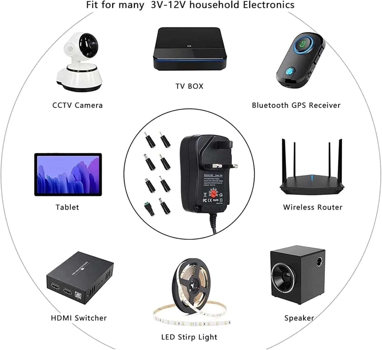 آداپتور برق متناوب/مستقیم 30 واتی یونیورسال، آداپتور برق متناوب یونیورسال با 8 پلاگین آداپتور اختیاری، مناسب برای محصولات الکترونیکی خانگی 3 ولت، 4.5 ولت، 5 ولت، 6 ولت، 7.5 ولت، 9 ولت، 12 ولت و نوارهای LED آداپتور برق متناوب/مستقیم 30 واتی یونیورسال، آداپتور برق متناوب یونیورسال با 8 پلاگین آداپتور اختیاری، مناسب برای محصولات الکترونیکی خانگی 3 ولت، 4.5 ولت، 5 ولت، 6 ولت، 7.5 ولت، 9 ولت، 12 ولت و نوارهای LED