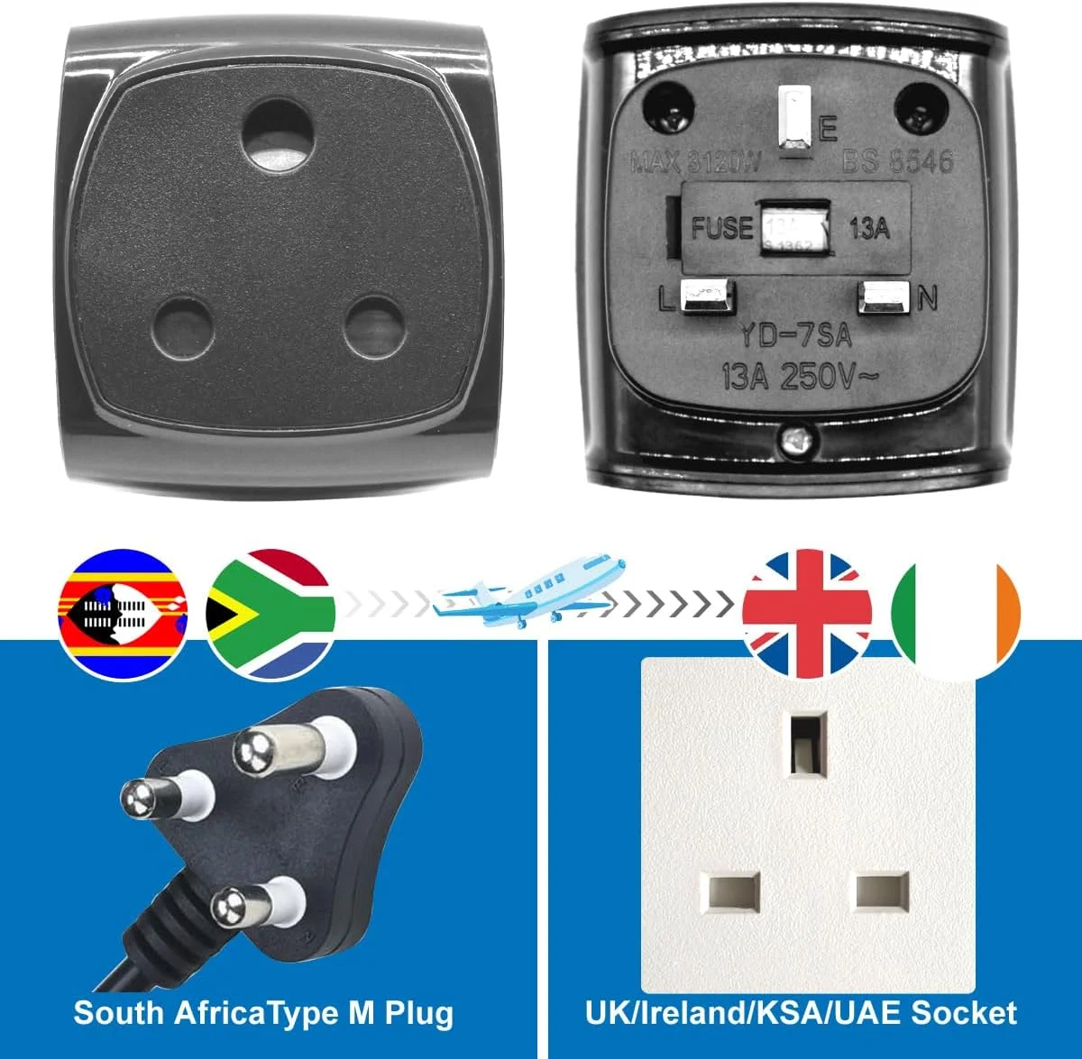 تبدیل دوشاخه بزرگ نوع M آفریقای جنوبی به پریز سه پین بریتانیا، تایید شده BS 8546، فیوز 13 آمپر با شاتر ایمنی (3 عدد مشکی)