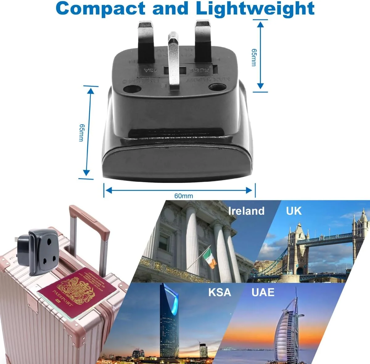 تبدیل دوشاخه بزرگ نوع M آفریقای جنوبی به پریز سه پین بریتانیا، تایید شده BS 8546، فیوز 13 آمپر با شاتر ایمنی (3 عدد مشکی)