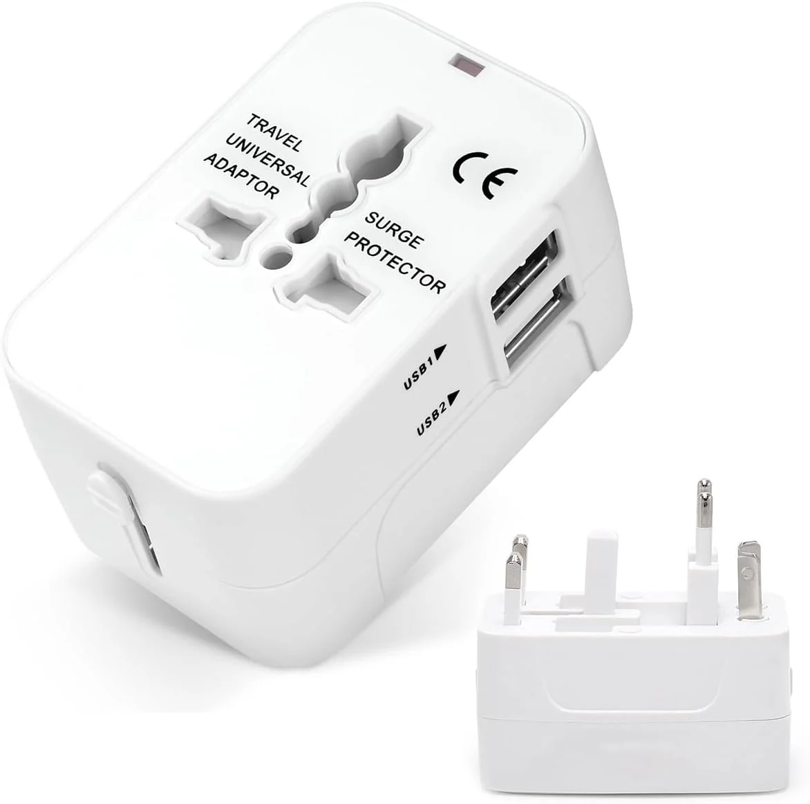 آداپتور مسافرتی، شارژر دیواری برق جهانی همه کاره با پورت های شارژ USB دوتایی برای تلفن همراه، لپ تاپ (سفید)