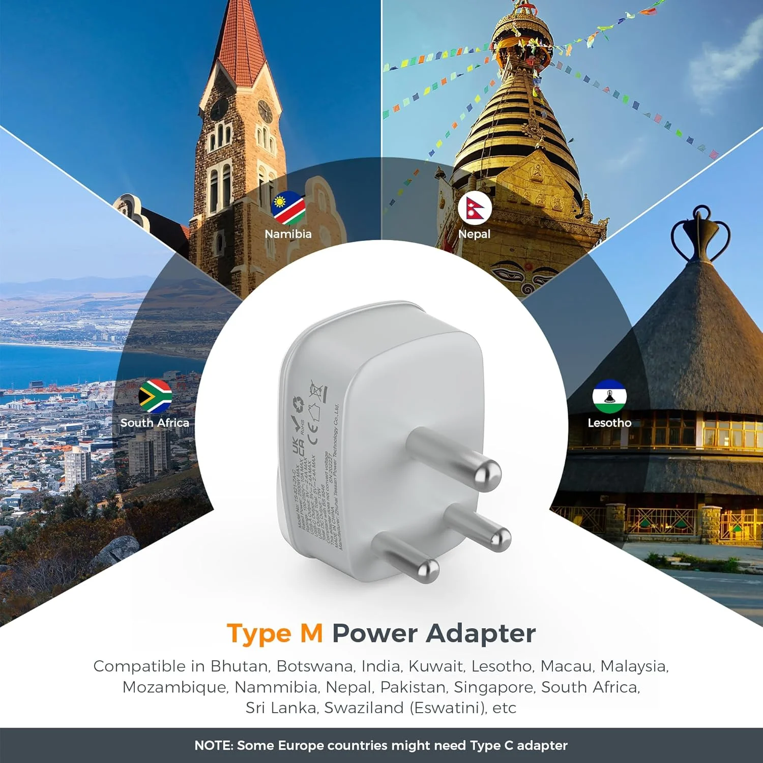 تبدیل دوشاخه AE به دوشاخه آفریقای جنوبی، آداپتور برق TESSAN آفریقای جنوبی با 2 پورت USB (1 پورت USB C)، دوشاخه نوع M ارت دار، تبدیل AE به SA برای نامیبیا، سوازیلند، لسوتو، بوتان