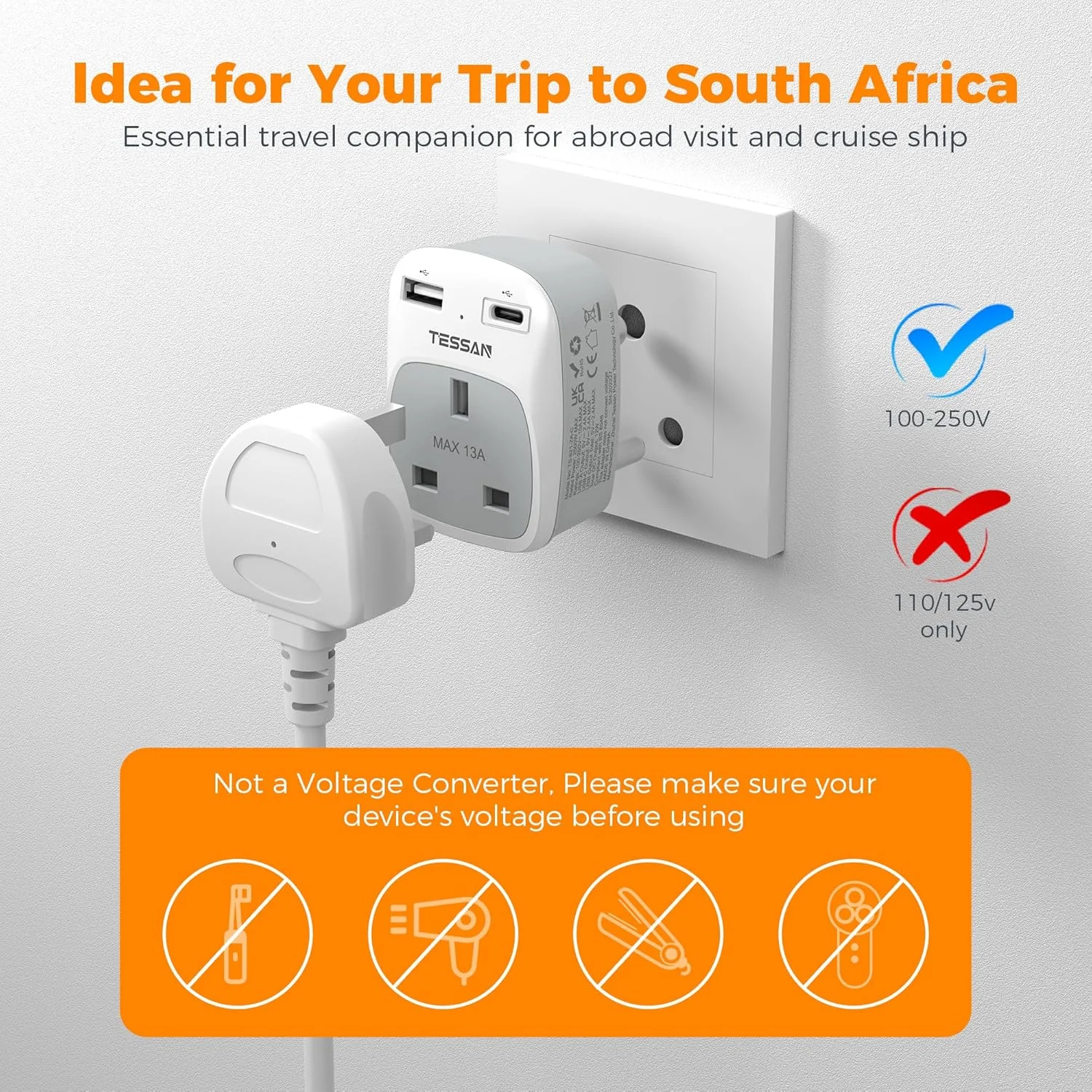 تبدیل دوشاخه AE به دوشاخه آفریقای جنوبی، آداپتور برق TESSAN آفریقای جنوبی با 2 پورت USB (1 پورت USB C)، دوشاخه نوع M ارت دار، تبدیل AE به SA برای نامیبیا، سوازیلند، لسوتو، بوتان