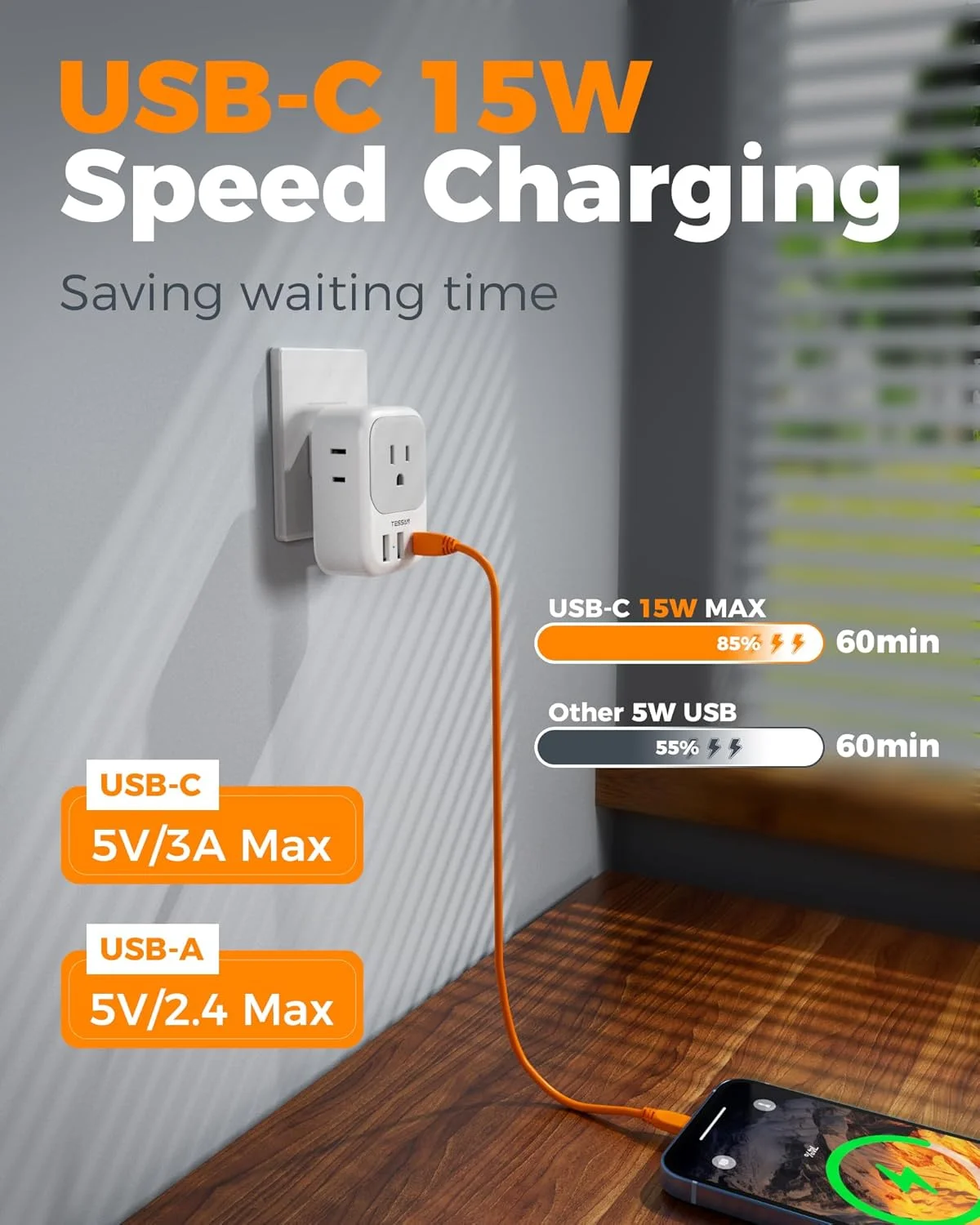 تبدیل دوشاخه آمریکایی به ژاپنی 2 عددی TESSAN، تبدیل دوشاخه به سه شاخه با 4 خروجی برق و 3 پورت USB (1 پورت USB-C)، آداپتور پریز برق آمریکایی به ژاپن، چین، مکزیک، فیلیپین، کانادا، پرو، تایلند، ویتنام