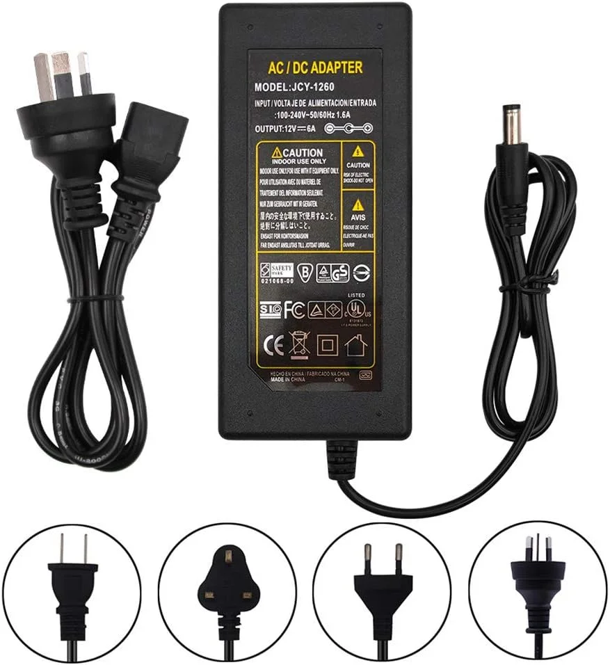 آداپتور AC/DC سوئیچینگ 12 ولت 1 آمپر 2 آمپر 3 آمپر 4 آمپر 5 آمپر 6 آمپر 8 آمپر 10 آمپر برای نوارهای چراغ LED، دوربین مداربسته، روتر، کانکتور نری 5.5x2.1-2.5 میلی‌متری، دوشاخه US/UK/EU/AU