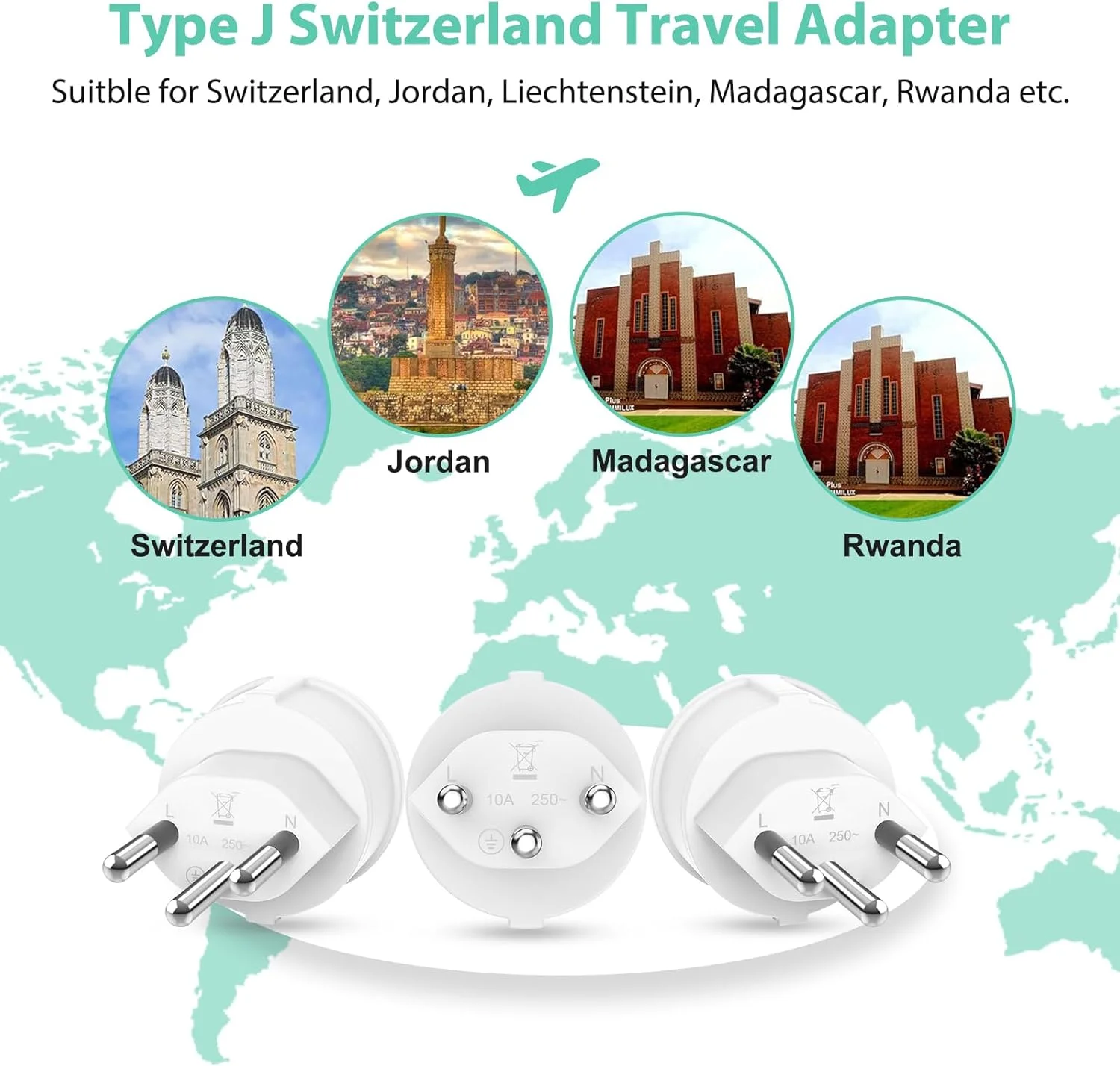 آداپتور دوشاخه سوئیسی، بسته 3 عددی، آداپتور مسافرتی سوئیس، دوشاخه فرانسوی به سوئیس، EU به J - Socket، آداپتور نوع J برای مالدیو، رواندا، لیختن اشتاین