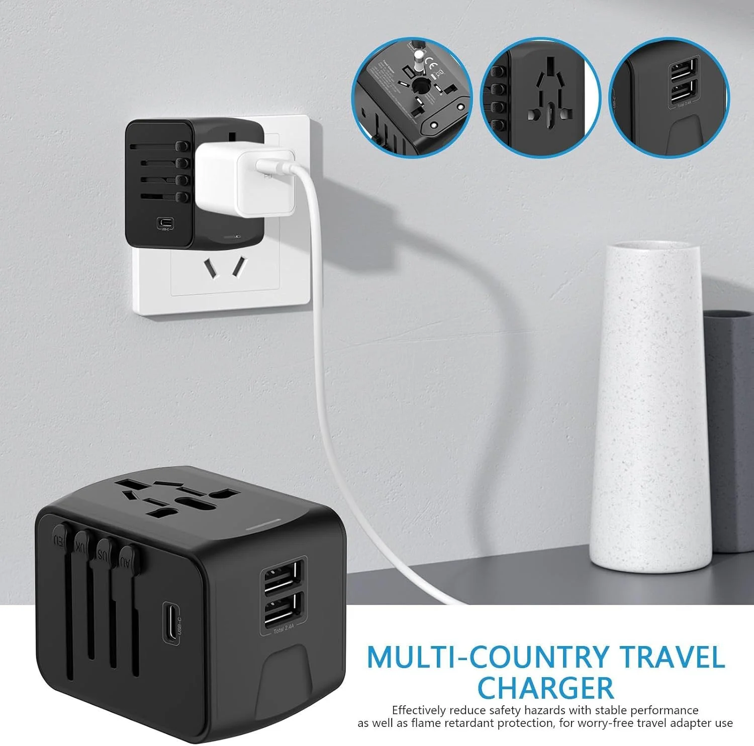 آداپتور دوشاخه | افزایش دهنده پریز، آداپتور قابل حمل سوکت USB Type C برای سفر مردان و زنان، لپ تاپ، تلفن برای سفر به اروپا، انگلستان، ایالات متحده آمریکا، استرالیا