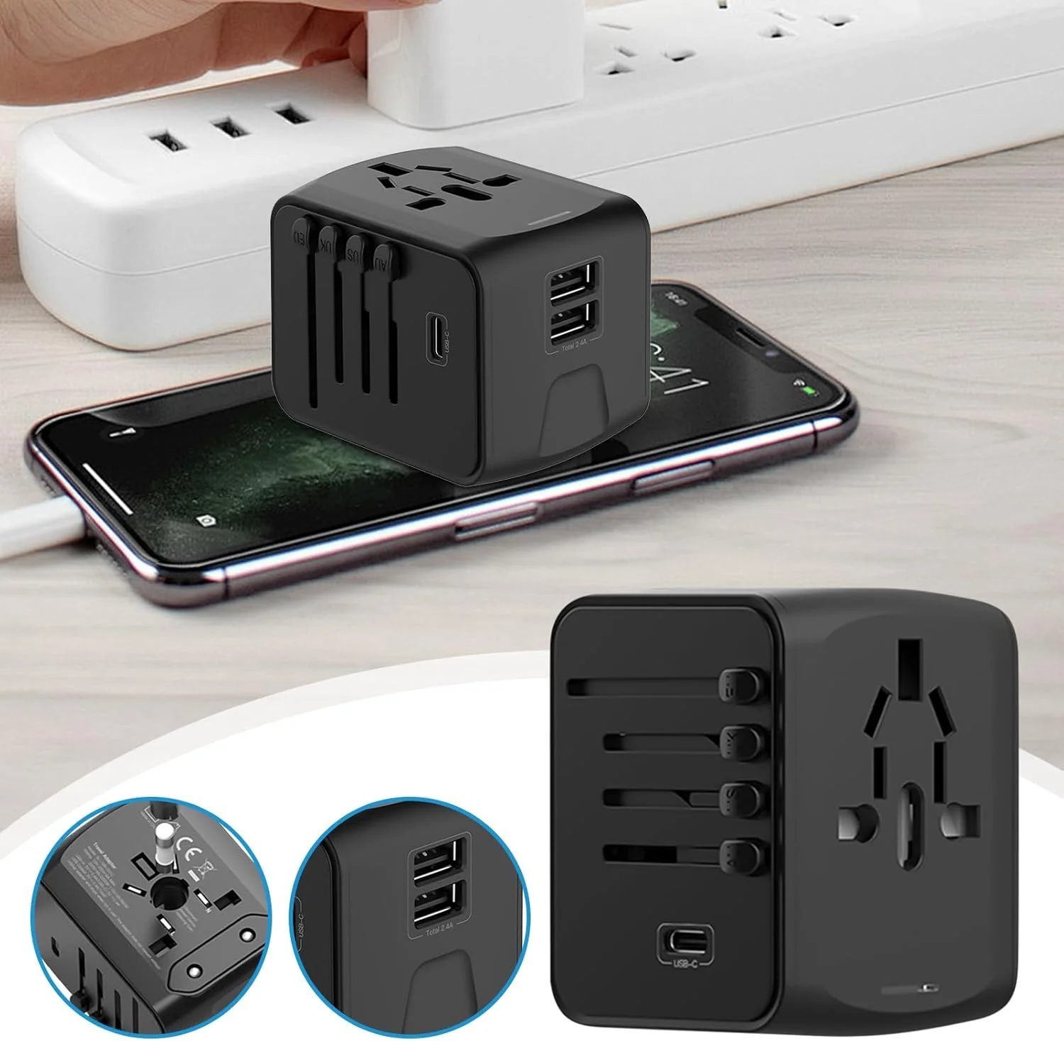 آداپتور دوشاخه | افزایش دهنده پریز، آداپتور قابل حمل سوکت USB Type C برای سفر مردان و زنان، لپ تاپ، تلفن برای سفر به اروپا، انگلستان، ایالات متحده آمریکا، استرالیا