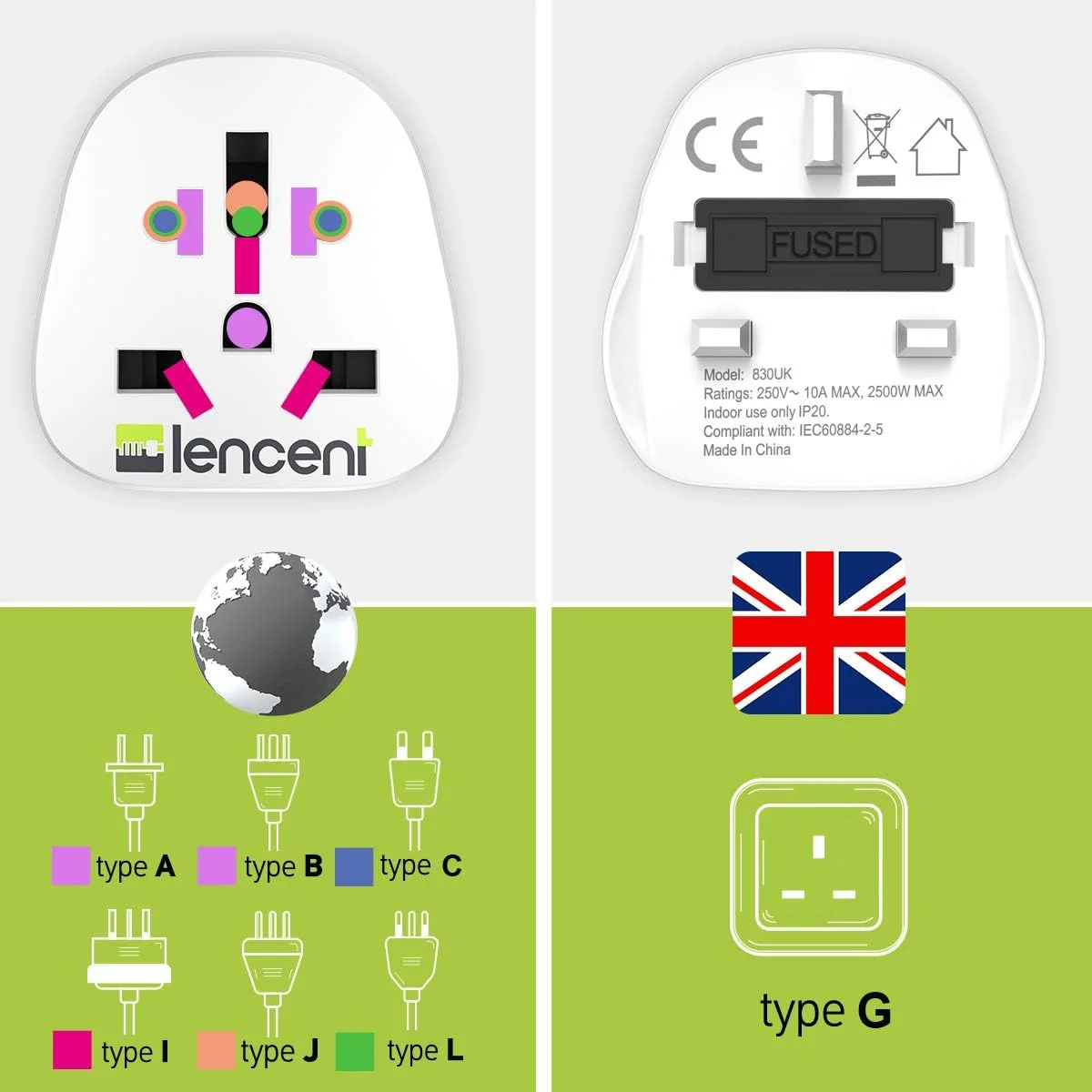 تبدیل دوشاخه جهانی به دوشاخه بریتانیایی، آداپتور مسافرتی جهانی LENCENT با فیوز 10 آمپر، مناسب برای استفاده از دوشاخه‌های ایالات متحده، اروپا، استرالیا، چین در بریتانیا - 1 عدد، سفید