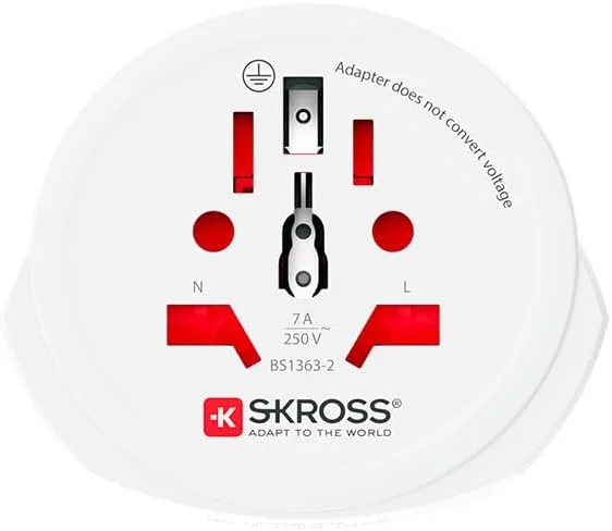 آداپتور مسافرتی SKROSS تبدیل دوشاخه جهانی به دوشاخه بریتانیایی، طراحی شده در سوئیس برای دستگاه ها از بیش از 220 کشور، 1.5002250 سفید