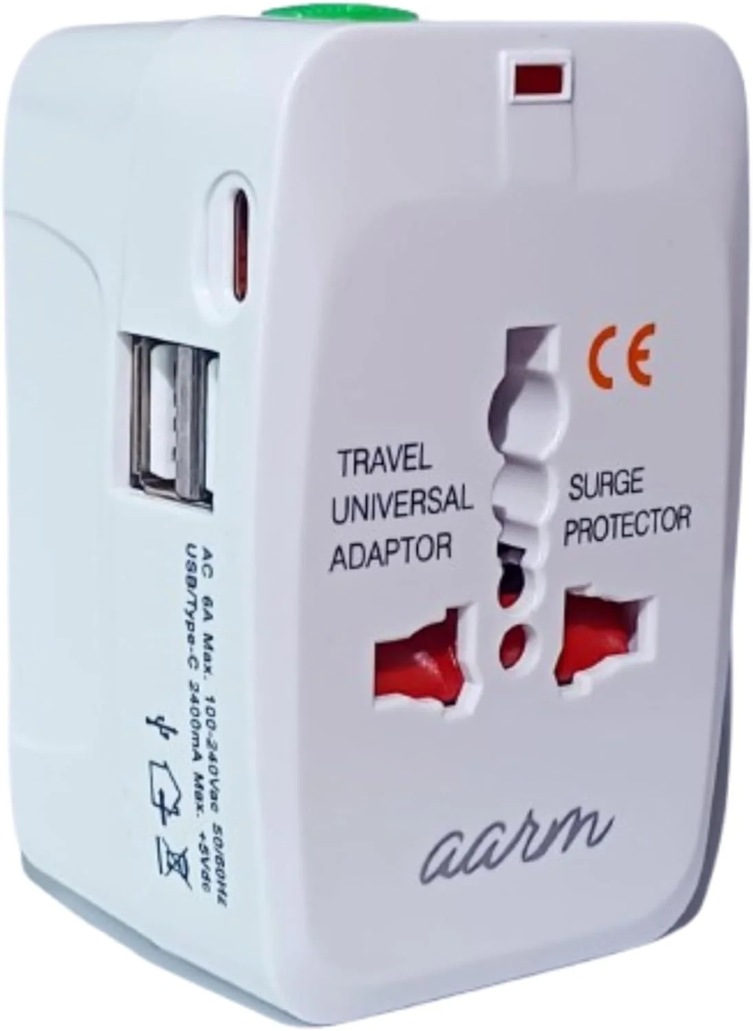 آداپتور مسافرتی جهانی 4 در 1 aarm با Type C - سوکت پلاگ جهانی | 2 USB-A 2.1A، 1 USB-C 3A | کابل USB به Type C آداپتور مسافرتی جهانی 4 در 1 aarm با Type C - سوکت پلاگ جهانی | 2 USB-A 2.1A، 1 USB-C 3A | کابل USB به Type C