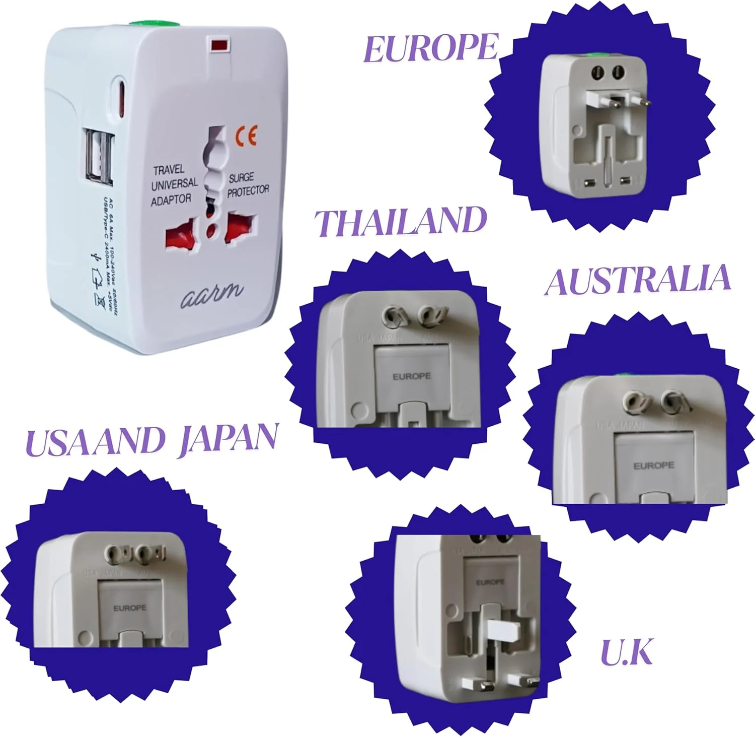 آداپتور مسافرتی جهانی 4 در 1 aarm با Type C - سوکت پلاگ جهانی | 2 USB-A 2.1A، 1 USB-C 3A | کابل USB به Type C آداپتور مسافرتی جهانی 4 در 1 aarm با Type C - سوکت پلاگ جهانی | 2 USB-A 2.1A، 1 USB-C 3A | کابل USB به Type C