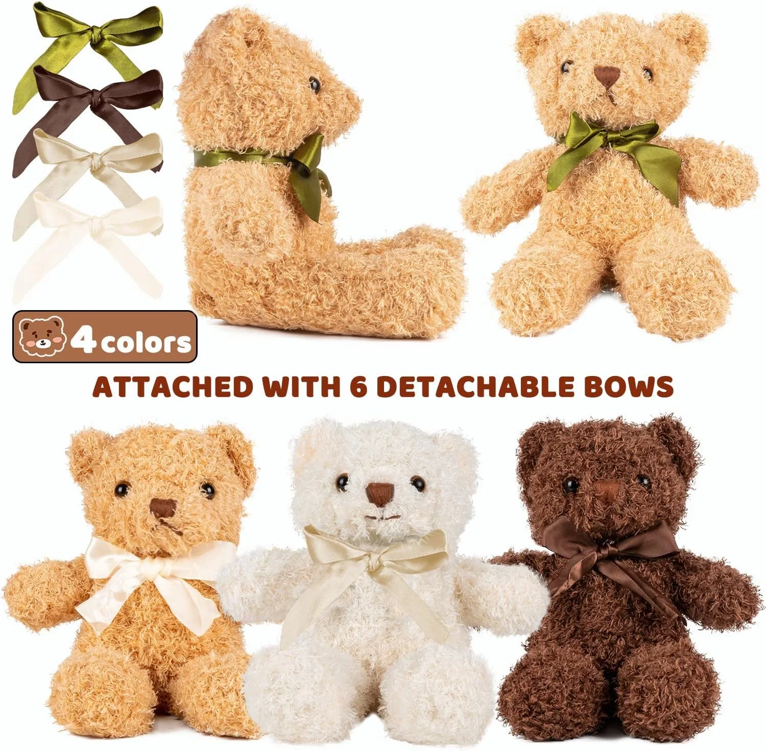 بسته 3 عددی خرس عروسکی، اسباب بازی های پولیشی 3 رنگ با 6 عدد پاپیون، قد 9 اینچ، خرس های تدی نرم و زیبا، هدیه برای جشن نوزاد، عروسی، جشن تولد (قهوه ای تیره، طلایی، سفید)