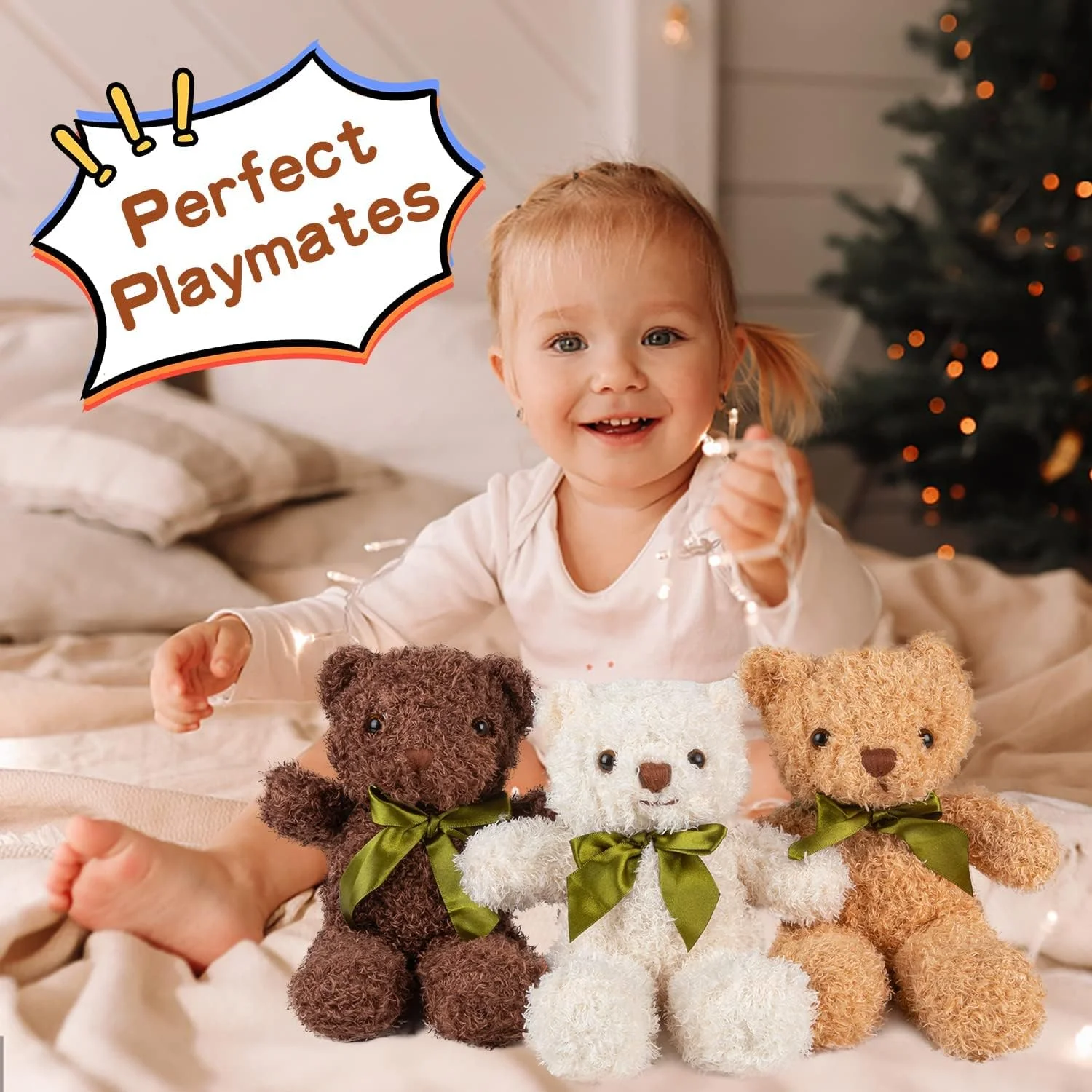 بسته 3 عددی خرس عروسکی، اسباب بازی های پولیشی 3 رنگ با 6 عدد پاپیون، قد 9 اینچ، خرس های تدی نرم و زیبا، هدیه برای جشن نوزاد، عروسی، جشن تولد (قهوه ای تیره، طلایی، سفید)