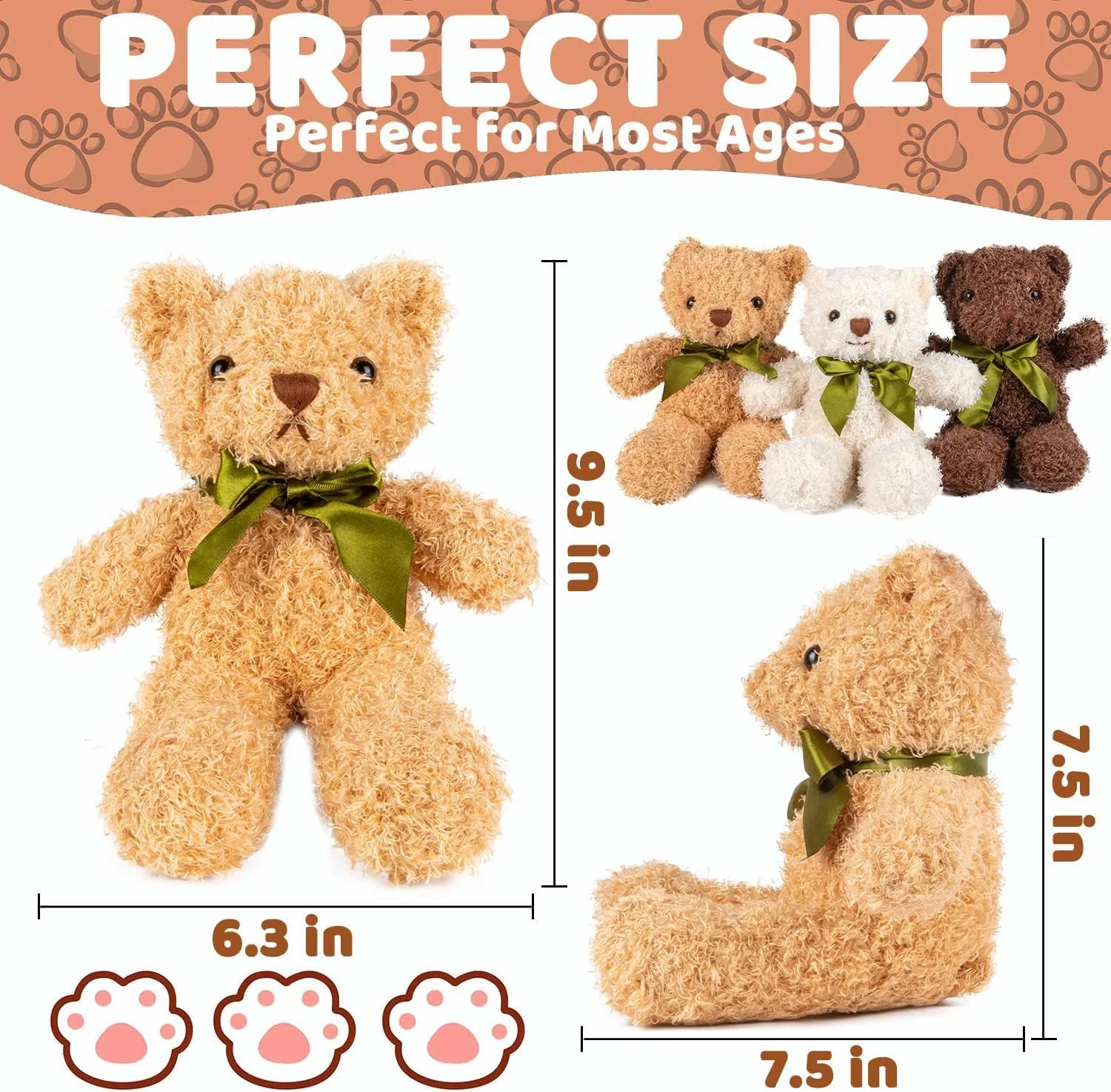 بسته 3 عددی خرس عروسکی، اسباب بازی های پولیشی 3 رنگ با 6 عدد پاپیون، قد 9 اینچ، خرس های تدی نرم و زیبا، هدیه برای جشن نوزاد، عروسی، جشن تولد (قهوه ای تیره، طلایی، سفید)