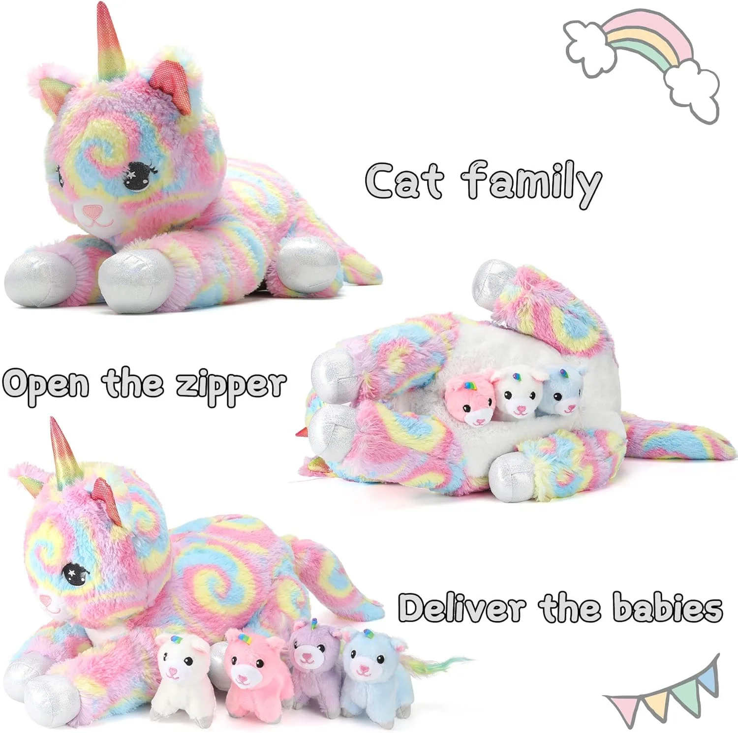 عروسک گربه تک شاخ 5 در 1، گربه مادر 55 سانتی متری به همراه 4 بچه گربه عروسک گربه تک شاخ 5 در 1، گربه مادر 55 سانتی متری به همراه 4 بچه گربه