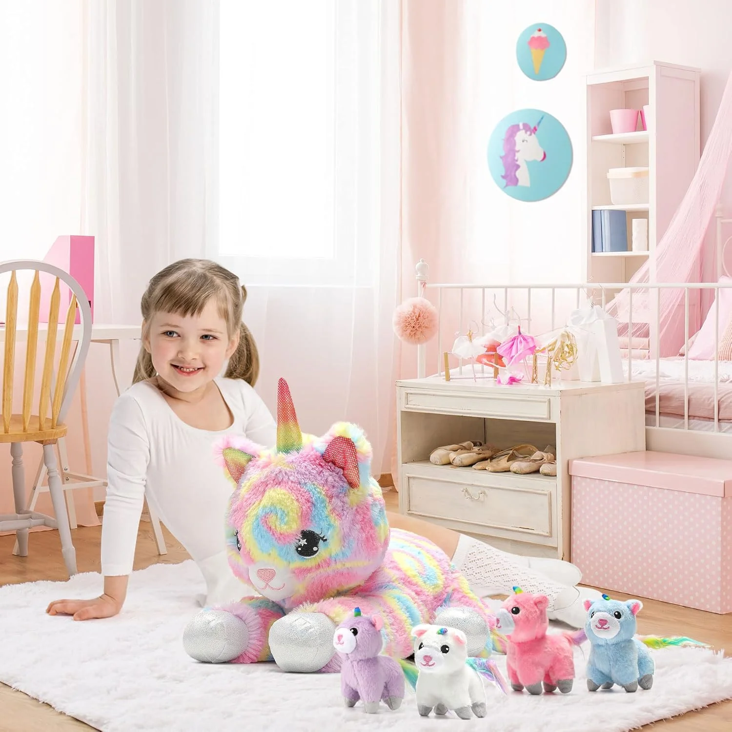 عروسک گربه تک شاخ 5 در 1، گربه مادر 55 سانتی متری به همراه 4 بچه گربه عروسک گربه تک شاخ 5 در 1، گربه مادر 55 سانتی متری به همراه 4 بچه گربه