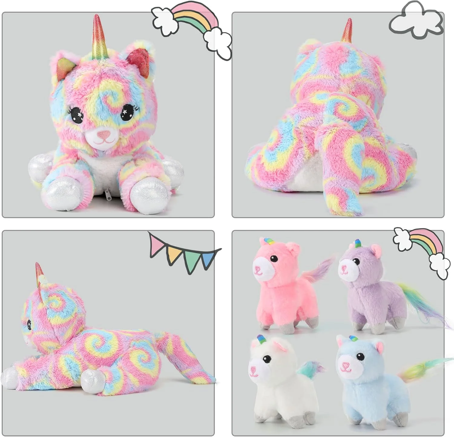 عروسک گربه تک شاخ 5 در 1، گربه مادر 55 سانتی متری به همراه 4 بچه گربه عروسک گربه تک شاخ 5 در 1، گربه مادر 55 سانتی متری به همراه 4 بچه گربه