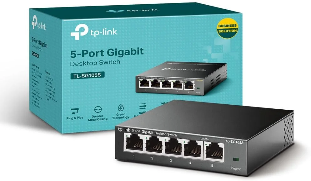 سوییچ شبکه 5 پورت گیگابیتی اترنت تی پی-لینک مدل TL-SG105S، اسپلیتر اترنت، هاب، قابل نصب روی میز و دیوار، بدنه فلزی مقاوم، بدون فن، نصب آسان، صرفه جویی در انرژی