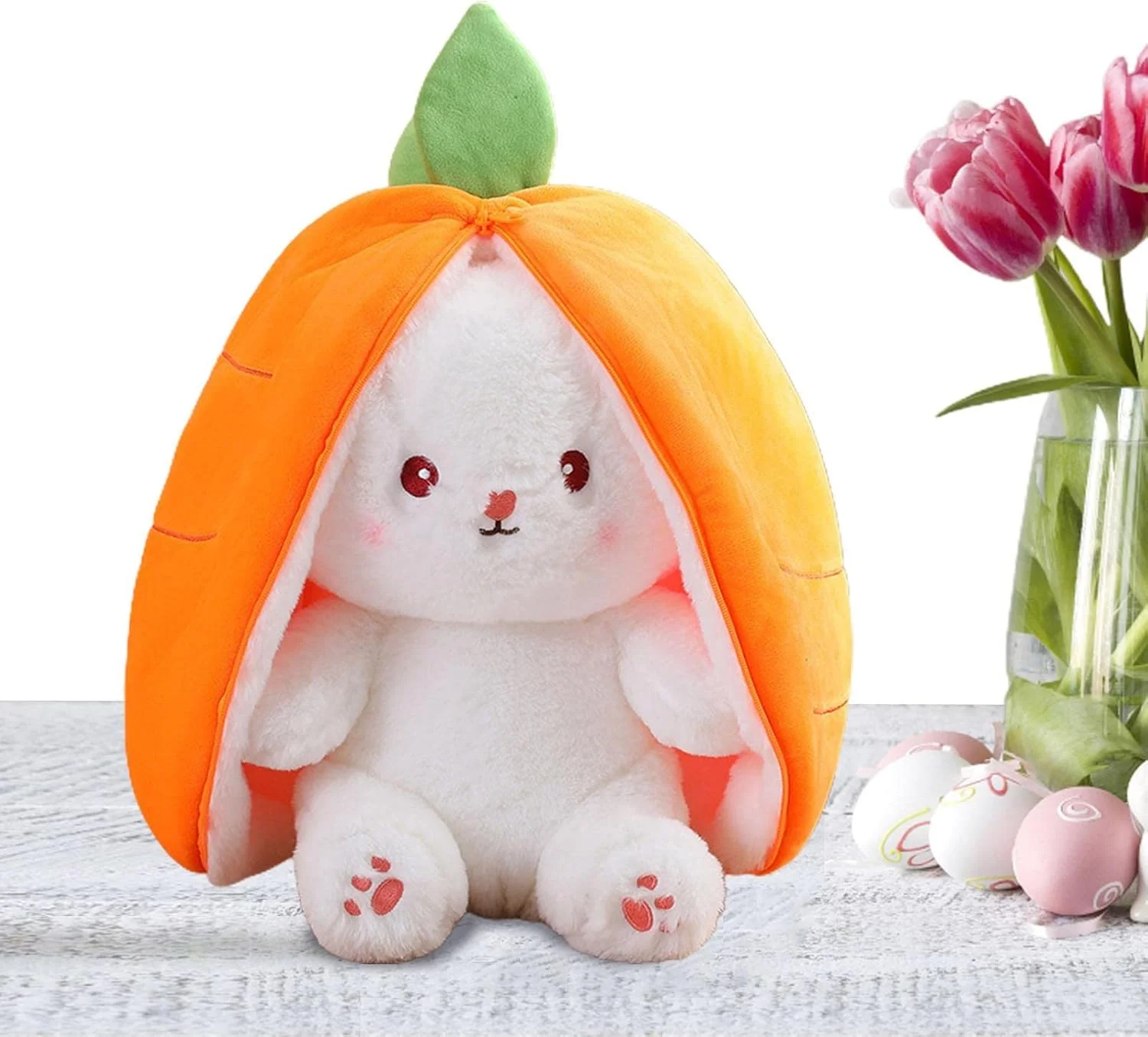 عروسک خرگوش عید پاک، اسباب بازی حیوانات پر شده، خرگوش شبیه سازی شده، خرگوش در کیسه هویج توت فرنگی، اسباب بازی خرگوش نرم برای هدیه تولد دختران پسر، دکوراسیون مهمانی عید پاک زیبا