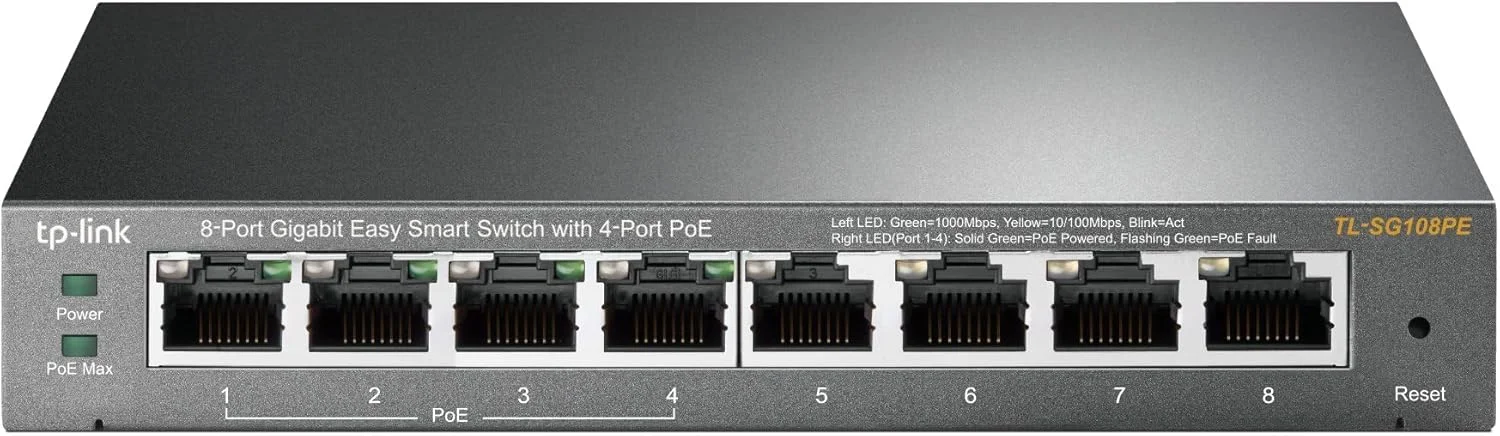 سوئیچ 8 پورت گیگابیتی PoE تی پی-لینک مدل TL-SG108PE V3 | مدیریت هوشمند آسان | 4 پورت PoE+ با توان 64 وات | نصب آسان | بدنه فلزی مقاوم با پورت های محافظت شده | بدون فن | QoS، Vlan و IGMP | حفاظت مادام العمر محدود
