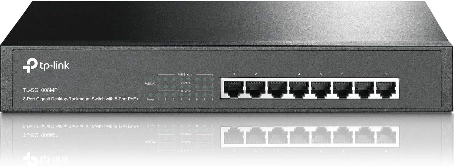 سوئیچ 8 پورت گیگابیتی PoE تی پی-لینک مدل TL-SG1008MP با 8 پورت PoE+ @153W، قابلیت نصب در رک، Plug & Play، بدنه فلزی مقاوم، پورت های محافظت شده و حفاظت از اضافه بار با اولویت پورت