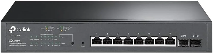 سوئیچ مدیریتی هوشمند گیگابیتی 10 پورت TP-Link TL-SG2210MP Jetstream با 8 پورت PoE+ @ 150W، 2 اسلات SFP | پشتیبانی از Omada SDN | بازیابی PoE | IPv6 | مسیریابی استاتیک | 5 سال پشتیبانی تولید کننده