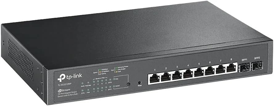 سوئیچ مدیریتی هوشمند گیگابیتی 10 پورت TP-Link TL-SG2210MP Jetstream با 8 پورت PoE+ @ 150W، 2 اسلات SFP | پشتیبانی از Omada SDN | بازیابی PoE | IPv6 | مسیریابی استاتیک | 5 سال پشتیبانی تولید کننده سوئیچ مدیریتی هوشمند گیگابیتی 10 پورت TP-Link TL-SG2210MP Jetstream با 8 پورت PoE+ @ 150W، 2 اسلات SFP | پشتیبانی از Omada SDN | بازیابی PoE | IPv6 | مسیریابی استاتیک | 5 سال پشتیبانی تولید کننده