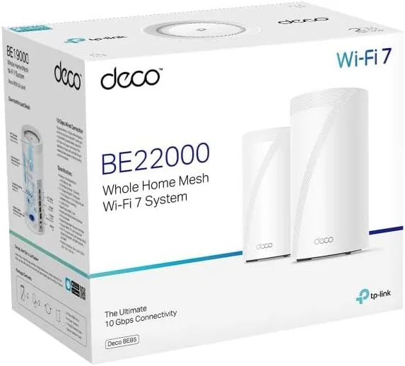 روتر وای فای مش TP-Link WiFi 7 Deco BE85 (بسته 2 عددی)، سه بانده BE19000Mbps، کانال های 320 مگاهرتز، پورت اترنت/فیبر ترکیبی 10 گیگابیت بر ثانیه، توسعه دهنده، الکسا، سازگار با هر ISP و مودم، 2 عدد در بسته روتر وای فای مش TP-Link WiFi 7 Deco BE85 (بسته 2 عددی)، سه بانده BE19000Mbps، کانال های 320 مگاهرتز، پورت اترنت/فیبر ترکیبی 10 گیگابیت بر ثانیه، توسعه دهنده، الکسا، سازگار با هر ISP و مودم، 2 عدد در بسته