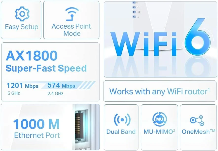 تقویت کننده وای فای TP-Link RE600X WiFi 6 WLAN AX1800 (دو بانده 1201 مگابیت بر ثانیه 5 گیگاهرتز + 574 مگابیت بر ثانیه 2.4 گیگاهرتز، MU-MIMO، پورت گیگابیتی، پوشش حداکثری، سازگار با تمام روترهای WLAN) سفید تقویت کننده وای فای TP-Link RE600X WiFi 6 WLAN AX1800 (دو بانده 1201 مگابیت بر ثانیه 5 گیگاهرتز + 574 مگابیت بر ثانیه 2.4 گیگاهرتز، MU-MIMO، پورت گیگابیتی، پوشش حداکثری، سازگار با تمام روترهای WLAN) سفید