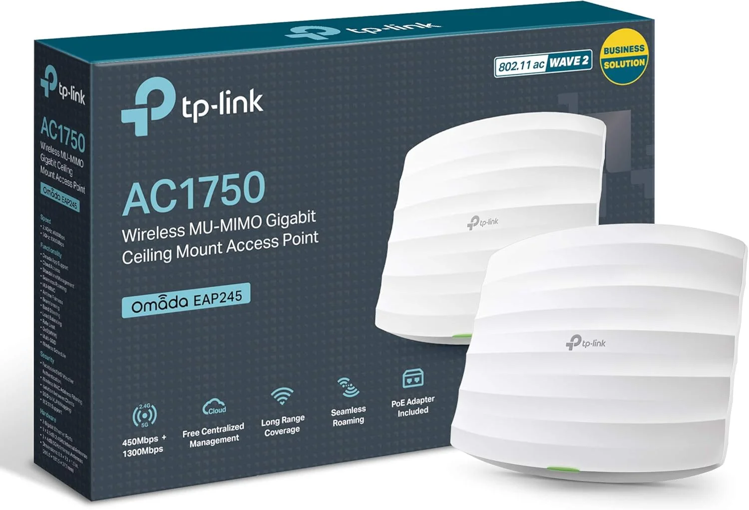 اکسس پوینت سقفی گیگابیتی دو بانده TP-Link AC1750 Wi-Fi، MU-MIMO، پشتیبانی از 802.3af/at/Passive PoE، نصب آسان روی دیوار یا سقف، نرم افزار رایگان کنترلر EAP (EAP245)، سفید