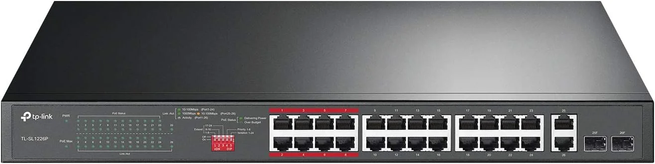 سوییچ 24 پورت 10/100Mbps اترنت سریع PoE تی پی-لینک با 24 پورت PoE+ @250W، دارای 2 پورت گیگابیتی Uplink + 2 اسلات SFP ترکیبی، حالت توسعه، حالت اولویت (TL-SL1226P)، مشکی سوییچ 24 پورت 10/100Mbps اترنت سریع PoE تی پی-لینک با 24 پورت PoE+ @250W، دارای 2 پورت گیگابیتی Uplink + 2 اسلات SFP ترکیبی، حالت توسعه، حالت اولویت (TL-SL1226P)، مشکی