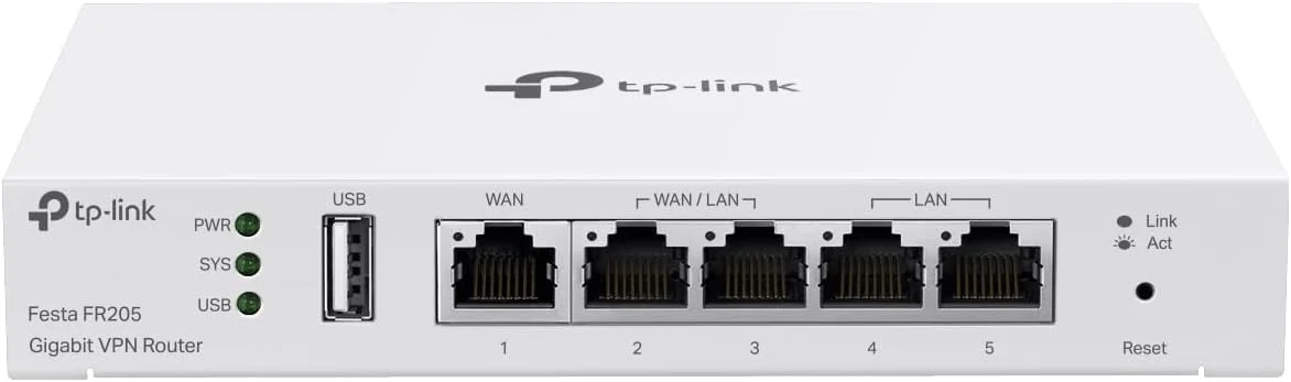 روتر سیمی چند منظوره TP-Link Festa FR205 | دارای 3 پورت WAN گیگابیتی و یک پورت USB WAN | شبکه خود سازماندهی | ابر رایگان | تعادل بار | VPN از نوع OpenVPN/IPSec/PPTP/L2TP | با Omada کار نمی کند روتر سیمی چند منظوره TP-Link Festa FR205 | دارای 3 پورت WAN گیگابیتی و یک پورت USB WAN | شبکه خود سازماندهی | ابر رایگان | تعادل بار | VPN از نوع OpenVPN/IPSec/PPTP/L2TP | با Omada کار نمی کند