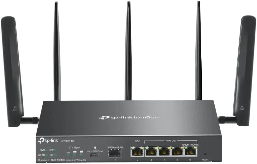 روتر دروازه گیگابیتی VPN تیپیلینک ER706W-4G Omada 4G+ Cat6 AX3000 | وایفای 6 AX3000 دو بانده با LTE | پشتیبانی از Omada Mesh | نصب آسان روتر دروازه گیگابیتی VPN تیپیلینک ER706W-4G Omada 4G+ Cat6 AX3000 | وایفای 6 AX3000 دو بانده با LTE | پشتیبانی از Omada Mesh | نصب آسان