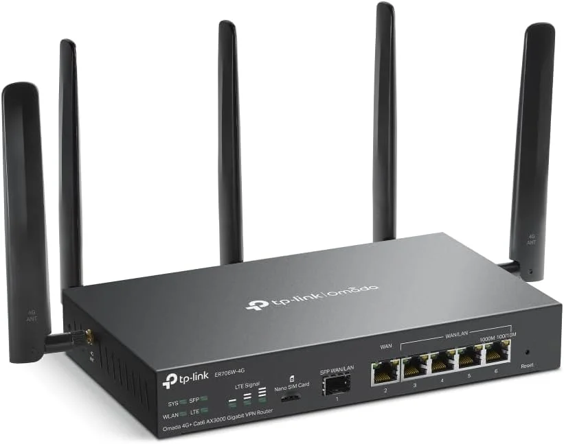 روتر دروازه گیگابیتی VPN تیپیلینک ER706W-4G Omada 4G+ Cat6 AX3000 | وایفای 6 AX3000 دو بانده با LTE | پشتیبانی از Omada Mesh | نصب آسان روتر دروازه گیگابیتی VPN تیپیلینک ER706W-4G Omada 4G+ Cat6 AX3000 | وایفای 6 AX3000 دو بانده با LTE | پشتیبانی از Omada Mesh | نصب آسان