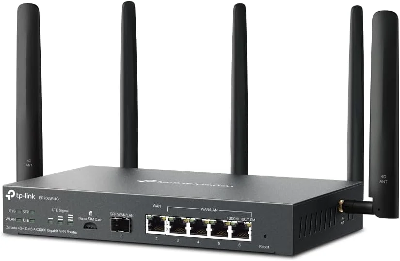 روتر دروازه گیگابیتی VPN تیپیلینک ER706W-4G Omada 4G+ Cat6 AX3000 | وایفای 6 AX3000 دو بانده با LTE | پشتیبانی از Omada Mesh | نصب آسان روتر دروازه گیگابیتی VPN تیپیلینک ER706W-4G Omada 4G+ Cat6 AX3000 | وایفای 6 AX3000 دو بانده با LTE | پشتیبانی از Omada Mesh | نصب آسان