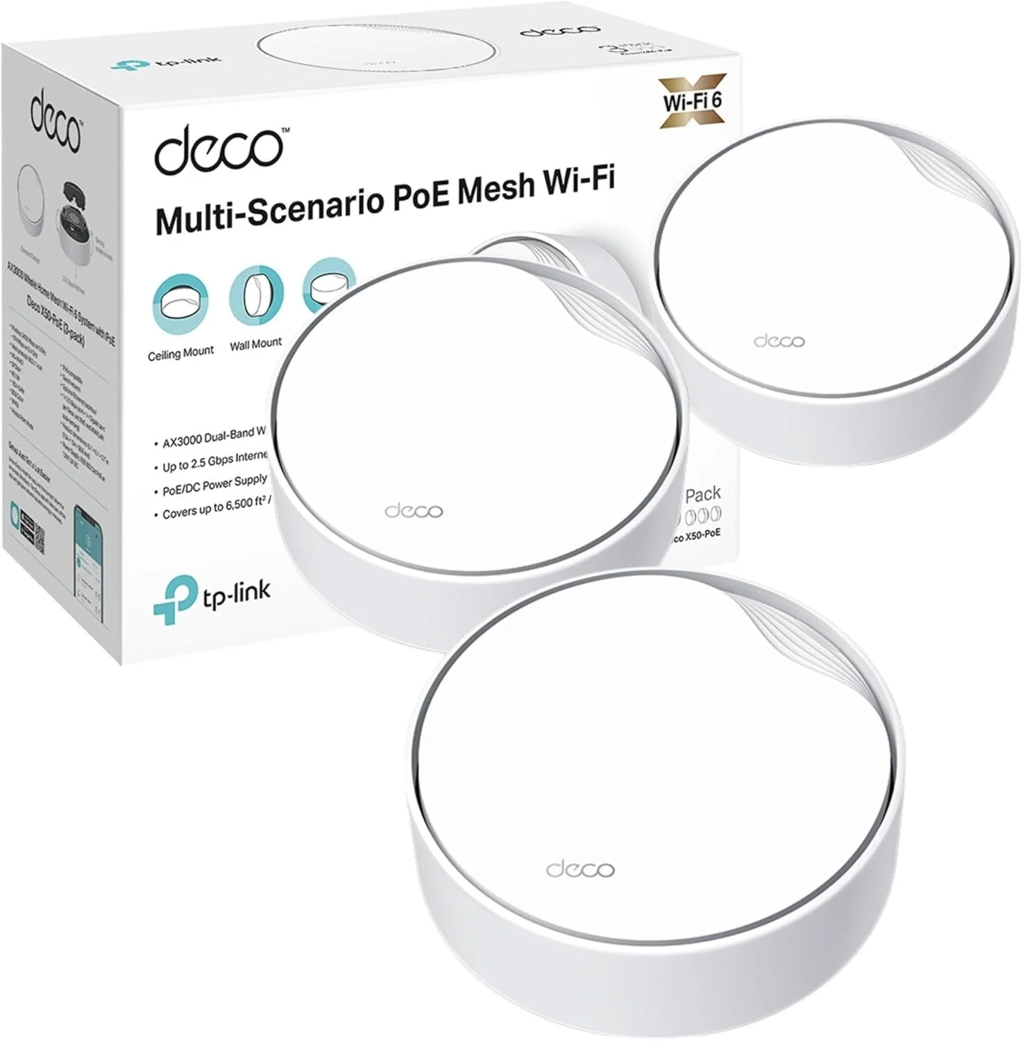 سیستم وای فای 6 مش TP-Link Deco X50-PoE AX3000 برای کل خانه با قابلیت PoE، دو بانده، مش مبتنی بر هوش مصنوعی، پوشش تا 600 متر مربع، اتصال تا 150 دستگاه، پردازنده دو هسته ای 1.0 گیگاهرتز، HomeShield، بسته 3 عددی