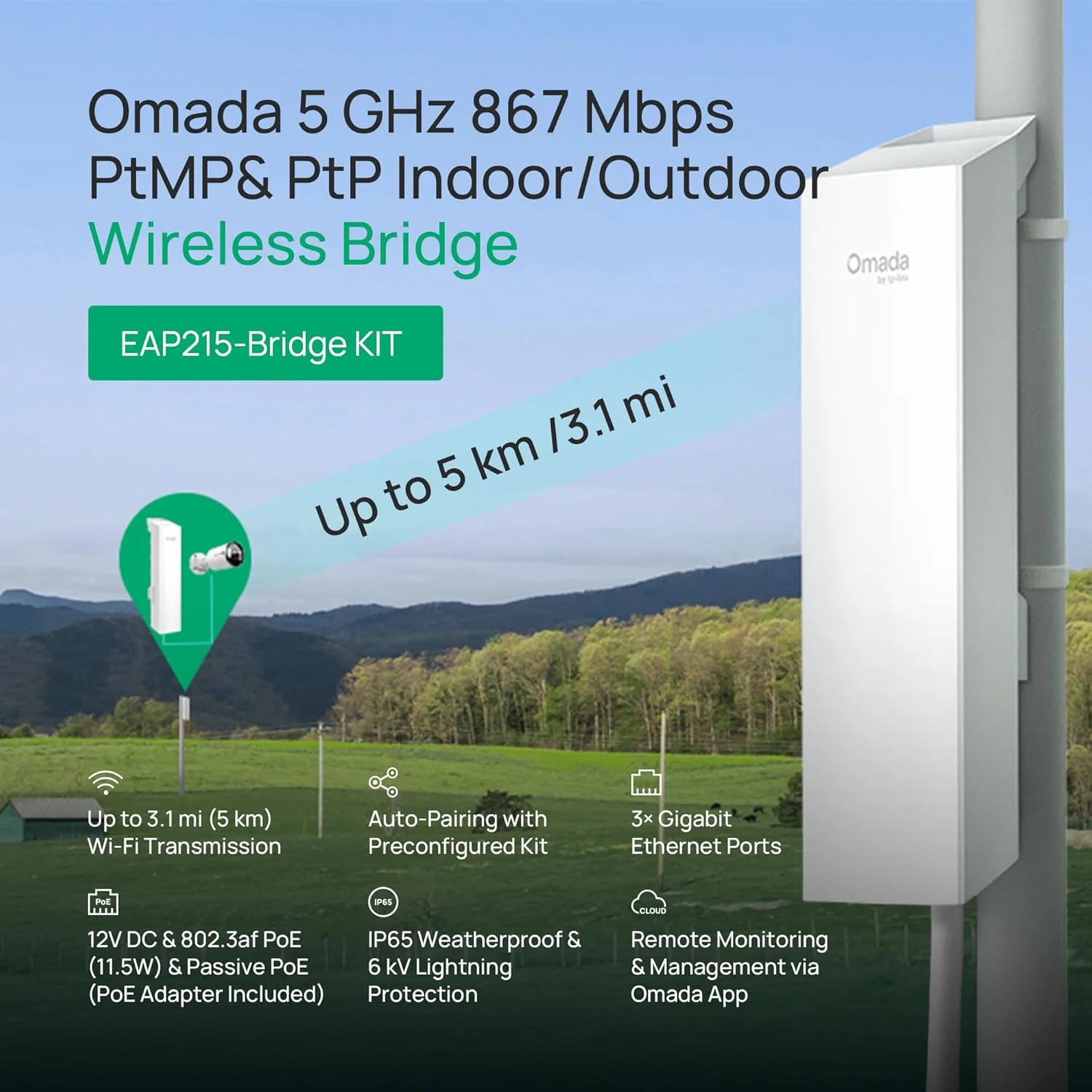 کیت بریج TP-Link Omada EAP215-Bridge | بریج بیسیم نقطه به نقطه 5 گیگاهرتز 867 مگابیت بر ثانیه | اکسس پوینت داخلی/خارجی دوربرد، 4.8 کیلومتر | مش، MU-MIMO | یکپارچه SDN | دسترسی ابری و برنامه Omada کیت بریج TP-Link Omada EAP215-Bridge | بریج بیسیم نقطه به نقطه 5 گیگاهرتز 867 مگابیت بر ثانیه | اکسس پوینت داخلی/خارجی دوربرد، 4.8 کیلومتر | مش، MU-MIMO | یکپارچه SDN | دسترسی ابری و برنامه Omada