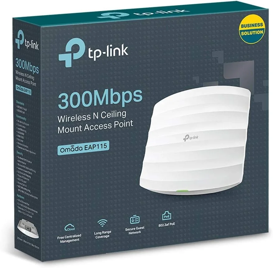 اکسس پوینت سقفی بی سیم TP-Link EAP115(UK) N300، پشتیبانی از PoE 802.3af و جریان مستقیم، نصب آسان بر روی دیوار یا سقف، مدیریت ساده توسط نرم افزار رایگان EAP Controller (EAP115)