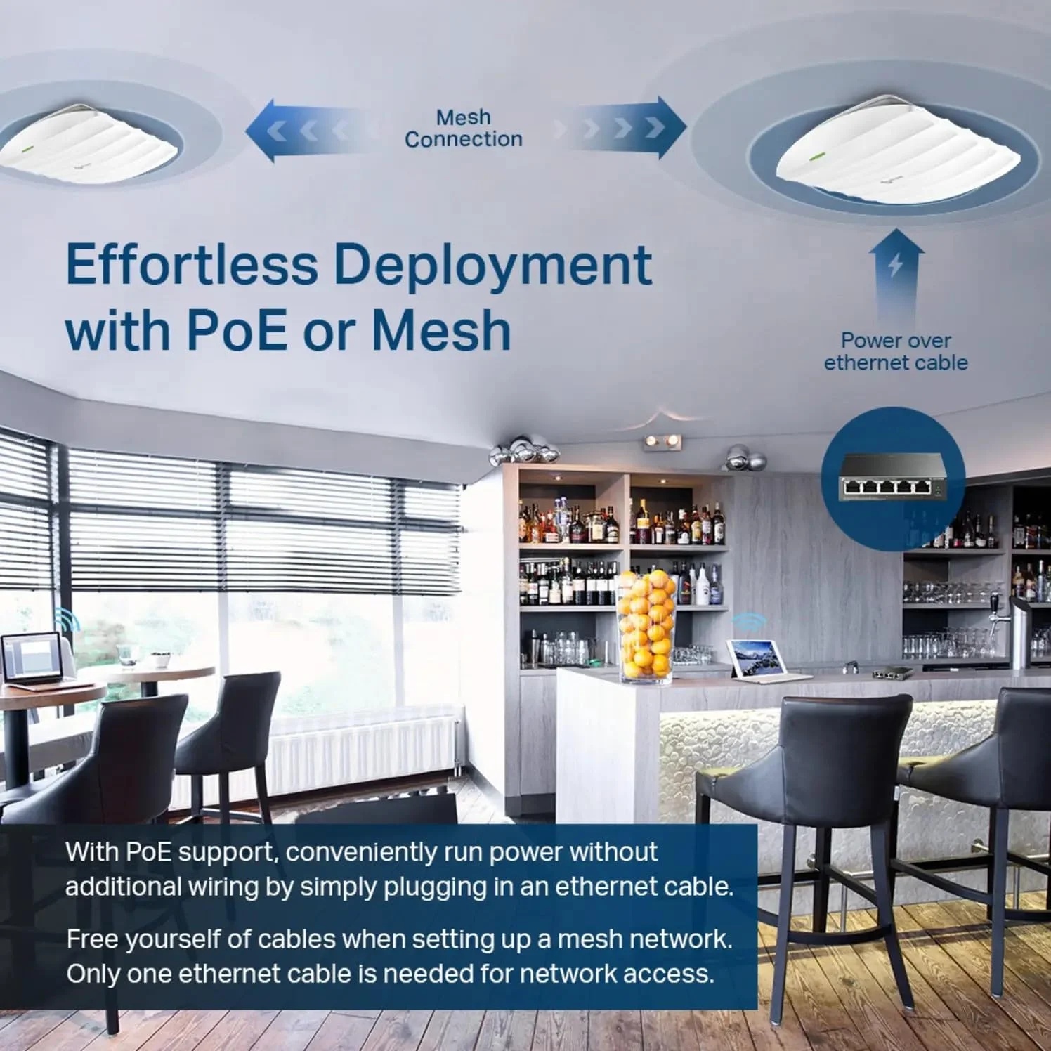 اکسس پوینت بی‌سیم گیگابیتی TP-Link EAP225 Omada AC1350، راهکار وای‌فای تجاری با پشتیبانی از Mesh، رومینگ یکپارچه و MU-MIMO، تغذیه از طریق PoE، دسترسی ابری یکپارچه SDN و برنامه Omada - سفید