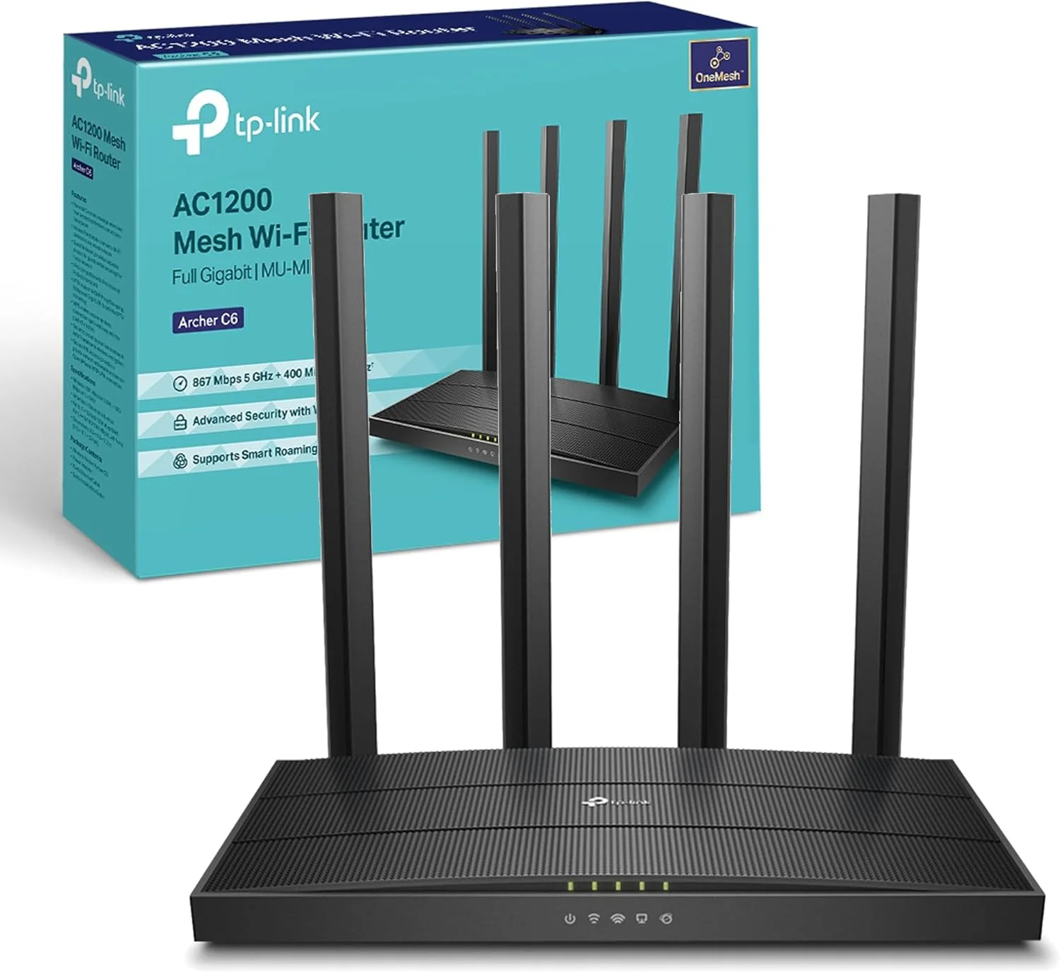 روتر وای فای بی سیم دو بانده TP-Link AC1200 - سرعت تا 867 مگابیت بر ثانیه / 5 گیگاهرتز + 300 مگابیت بر ثانیه / 2.4 گیگاهرتز، 4+1 پورت گیگابیتی، پردازنده دو هسته ای، کنترل والدین، راه اندازی آسان (Archer C6)