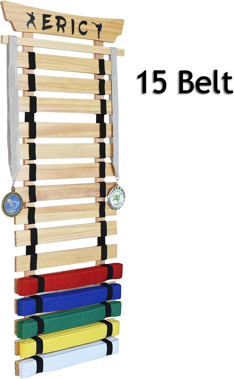 نگهدارنده کمربند کاراته، چوب کاج، مناسب برای 15، 12، 10، 8 یا 5 کمربند تکواندو به همراه استیکر، نگهدارنده کمربند هنرهای رزمی