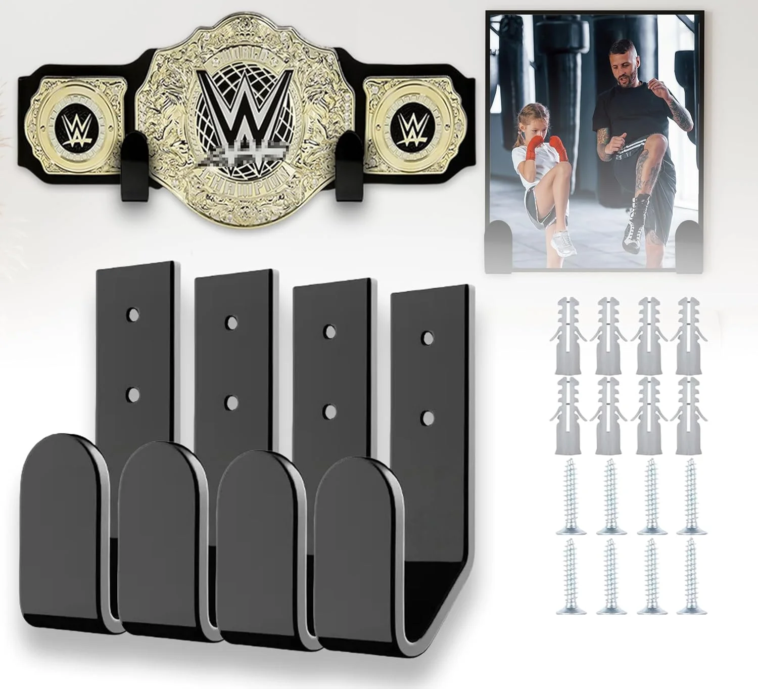 نگهدارنده کمربند قهرمانی کشتی، مناسب برای نصب روی دیوار، ایده آل برای بزرگسالان و کودکان، بادوام و نصب آسان، سازمان دهنده کمربند عنوان برای دیوار (4 عدد)